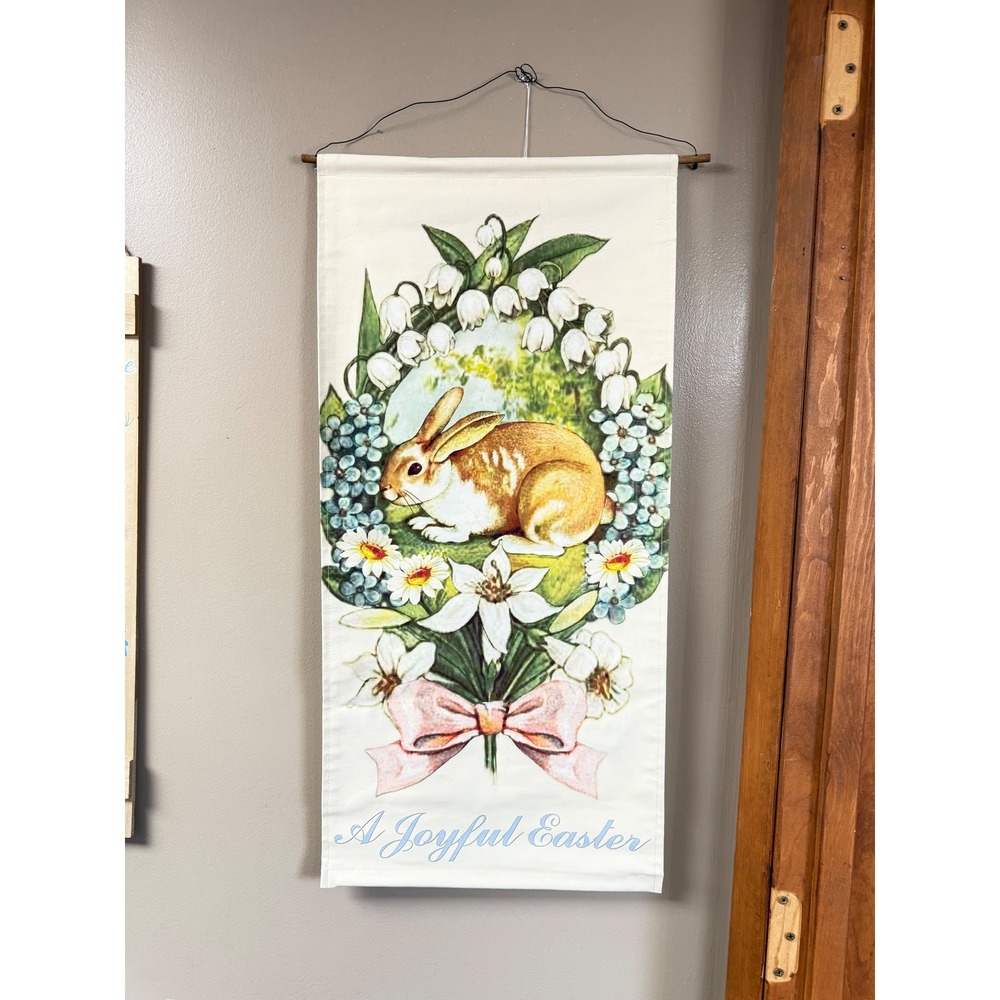 Vintage Style Easter Rabbit Wall Hanging Banner Floral Bunny Spring Decor Scroll